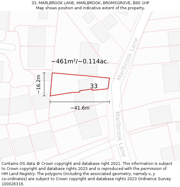 33, MARLBROOK LANE, MARLBROOK, BROMSGROVE, B60 1HP: Plot and title map