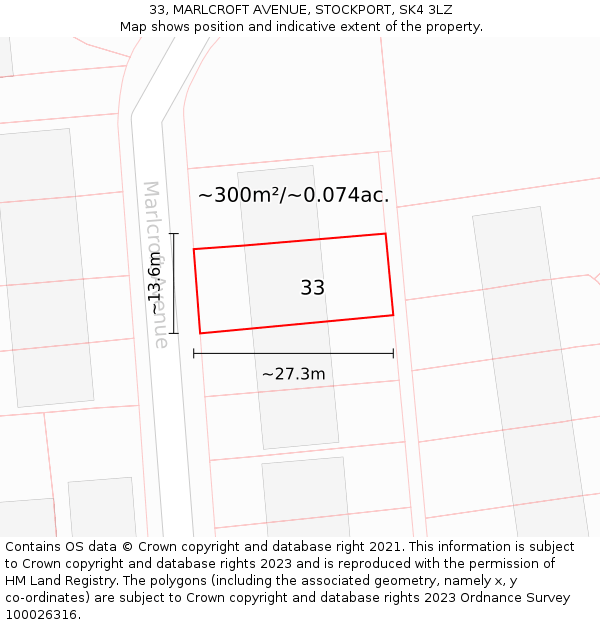 33, MARLCROFT AVENUE, STOCKPORT, SK4 3LZ: Plot and title map