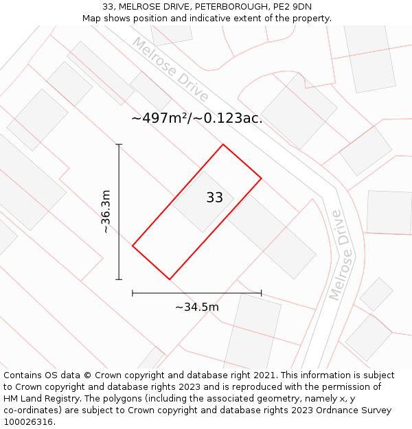 33, MELROSE DRIVE, PETERBOROUGH, PE2 9DN: Plot and title map