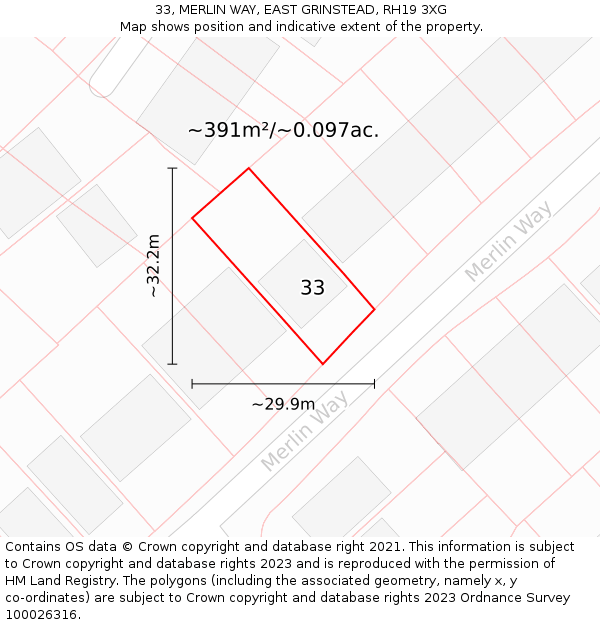 33, MERLIN WAY, EAST GRINSTEAD, RH19 3XG: Plot and title map