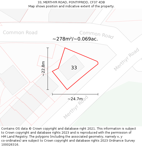 33, MERTHYR ROAD, PONTYPRIDD, CF37 4DB: Plot and title map