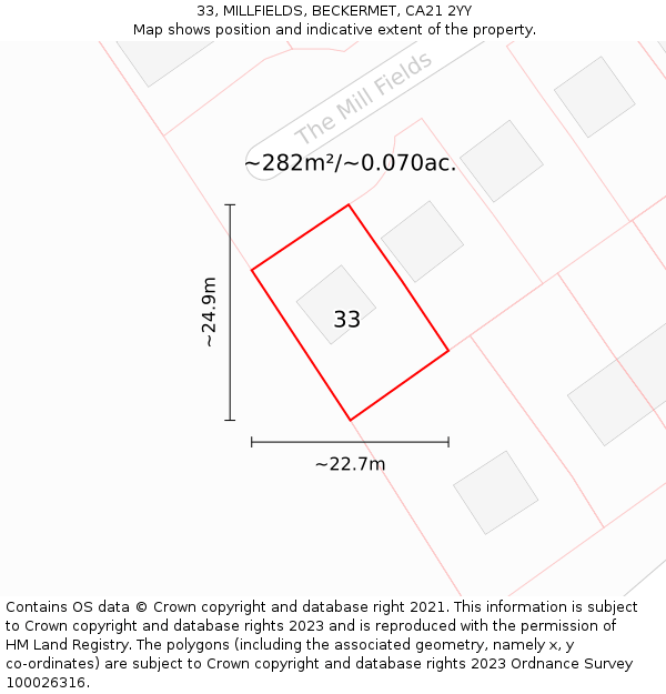 33, MILLFIELDS, BECKERMET, CA21 2YY: Plot and title map