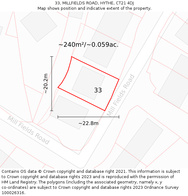 33, MILLFIELDS ROAD, HYTHE, CT21 4DJ: Plot and title map