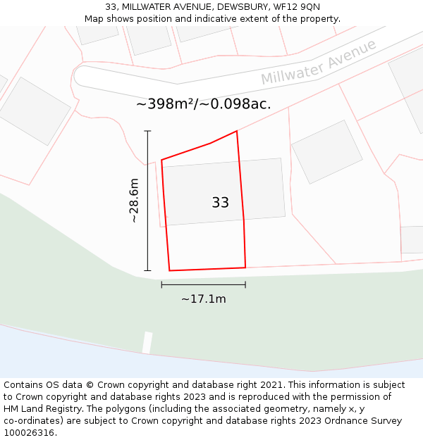 33, MILLWATER AVENUE, DEWSBURY, WF12 9QN: Plot and title map