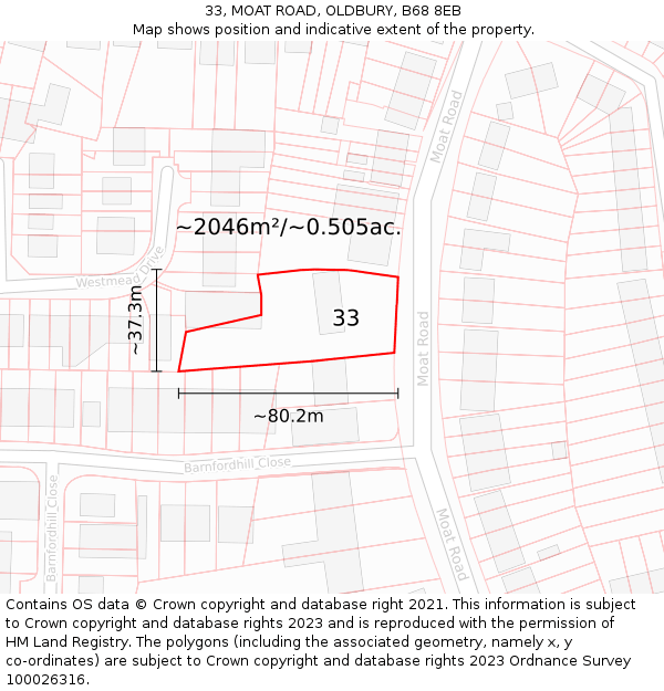 33, MOAT ROAD, OLDBURY, B68 8EB: Plot and title map