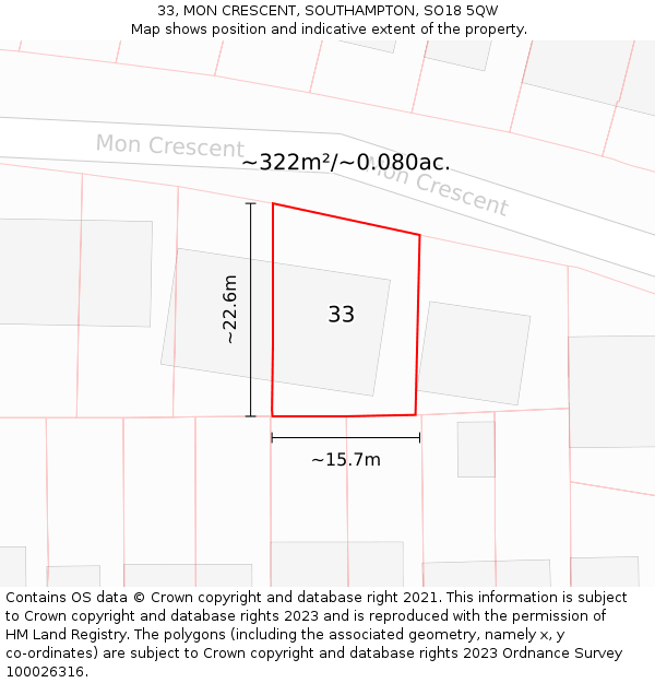 33, MON CRESCENT, SOUTHAMPTON, SO18 5QW: Plot and title map