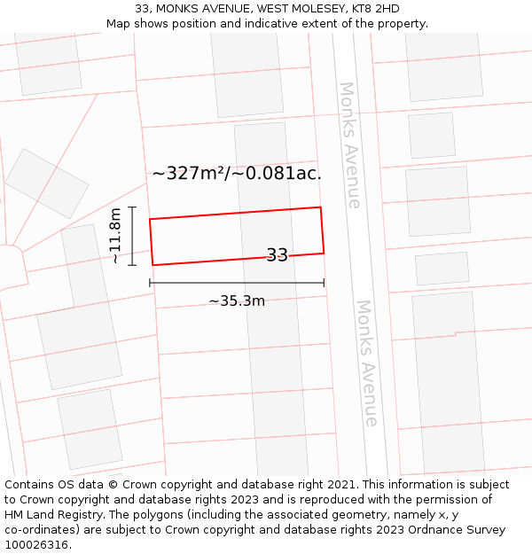 33, MONKS AVENUE, WEST MOLESEY, KT8 2HD: Plot and title map