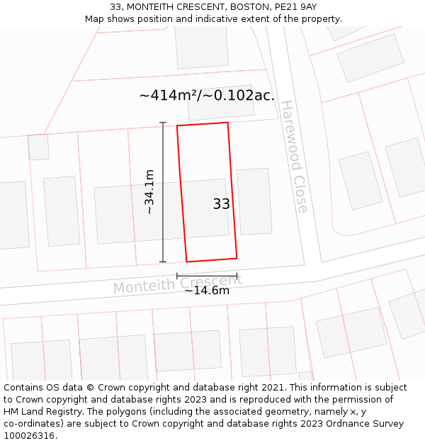 33, MONTEITH CRESCENT, BOSTON, PE21 9AY: Plot and title map