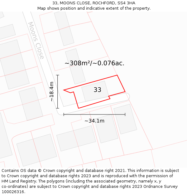 33, MOONS CLOSE, ROCHFORD, SS4 3HA: Plot and title map