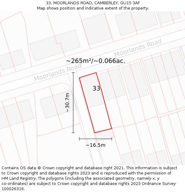 33, MOORLANDS ROAD, CAMBERLEY, GU15 3AF: Plot and title map