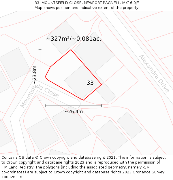 33, MOUNTSFIELD CLOSE, NEWPORT PAGNELL, MK16 0JE: Plot and title map