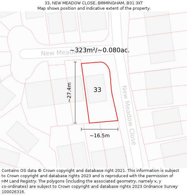 33, NEW MEADOW CLOSE, BIRMINGHAM, B31 3XT: Plot and title map