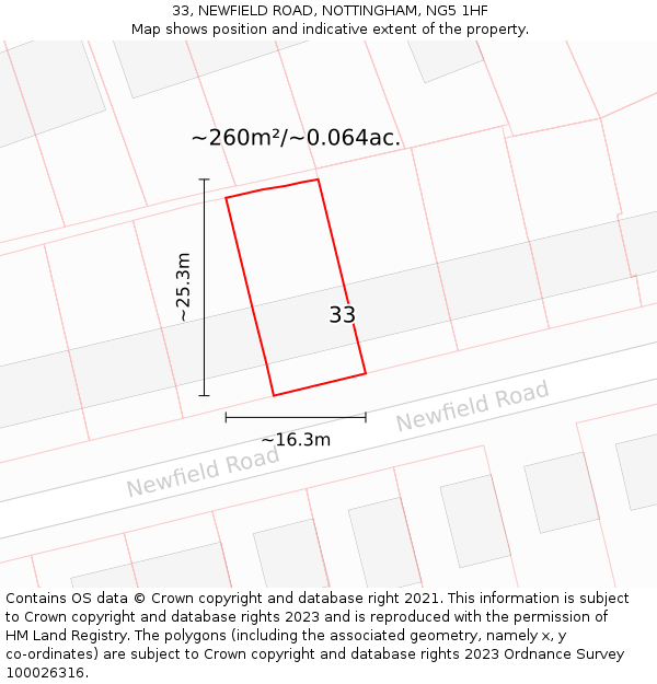 33, NEWFIELD ROAD, NOTTINGHAM, NG5 1HF: Plot and title map