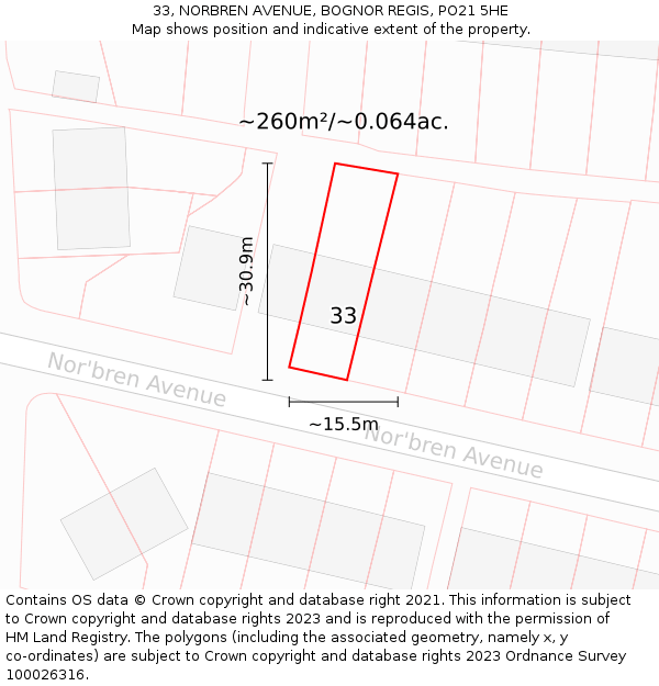 33, NORBREN AVENUE, BOGNOR REGIS, PO21 5HE: Plot and title map