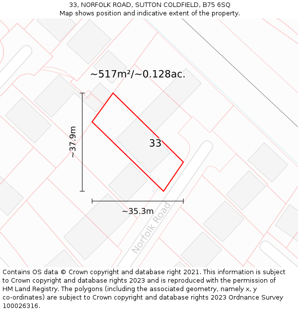 33, NORFOLK ROAD, SUTTON COLDFIELD, B75 6SQ: Plot and title map