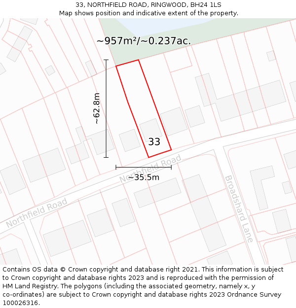 33, NORTHFIELD ROAD, RINGWOOD, BH24 1LS: Plot and title map