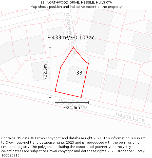 33, NORTHWOOD DRIVE, HESSLE, HU13 0TA: Plot and title map