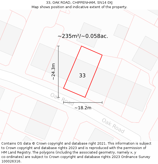 33, OAK ROAD, CHIPPENHAM, SN14 0XJ: Plot and title map