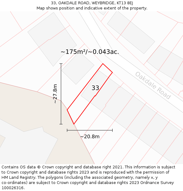 33, OAKDALE ROAD, WEYBRIDGE, KT13 8EJ: Plot and title map