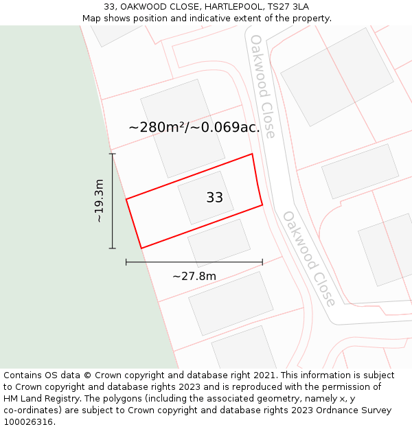 33, OAKWOOD CLOSE, HARTLEPOOL, TS27 3LA: Plot and title map