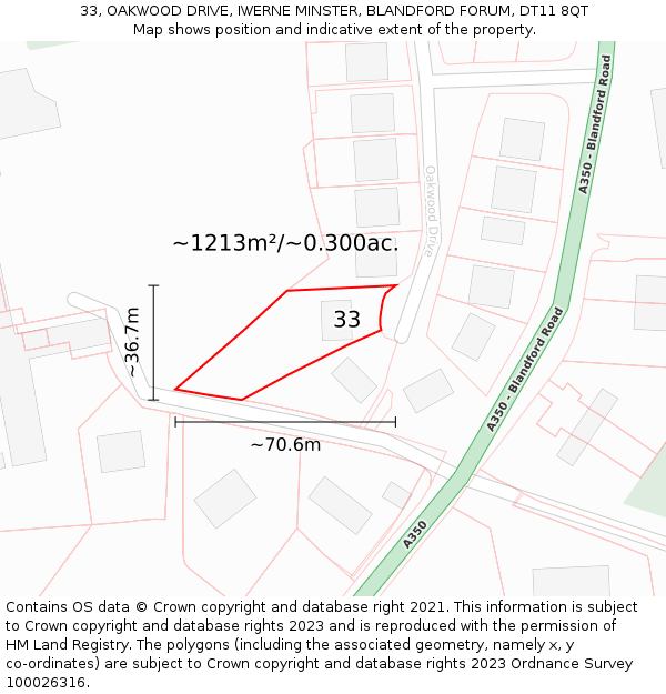 33, OAKWOOD DRIVE, IWERNE MINSTER, BLANDFORD FORUM, DT11 8QT: Plot and title map