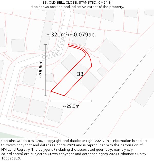 33, OLD BELL CLOSE, STANSTED, CM24 8JJ: Plot and title map