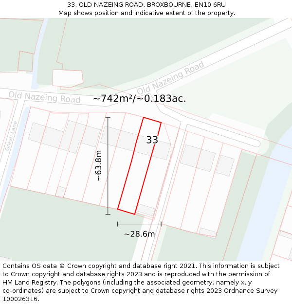 33, OLD NAZEING ROAD, BROXBOURNE, EN10 6RU: Plot and title map