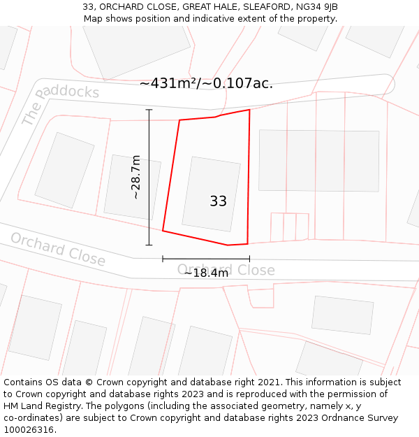 33, ORCHARD CLOSE, GREAT HALE, SLEAFORD, NG34 9JB: Plot and title map