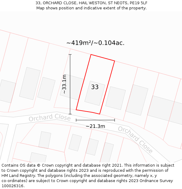 33, ORCHARD CLOSE, HAIL WESTON, ST NEOTS, PE19 5LF: Plot and title map