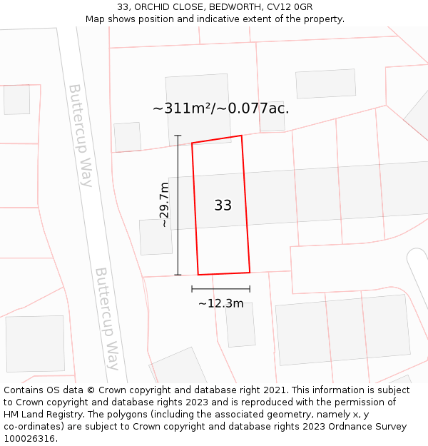 33, ORCHID CLOSE, BEDWORTH, CV12 0GR: Plot and title map