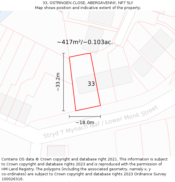 33, OSTRINGEN CLOSE, ABERGAVENNY, NP7 5LY: Plot and title map