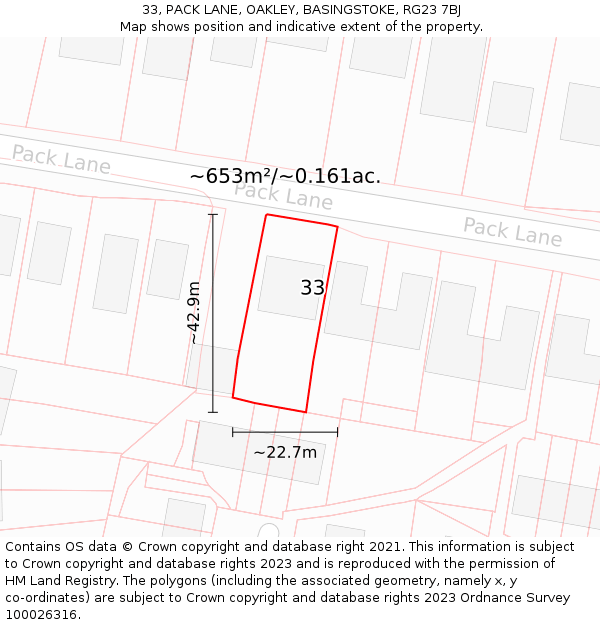 33, PACK LANE, OAKLEY, BASINGSTOKE, RG23 7BJ: Plot and title map