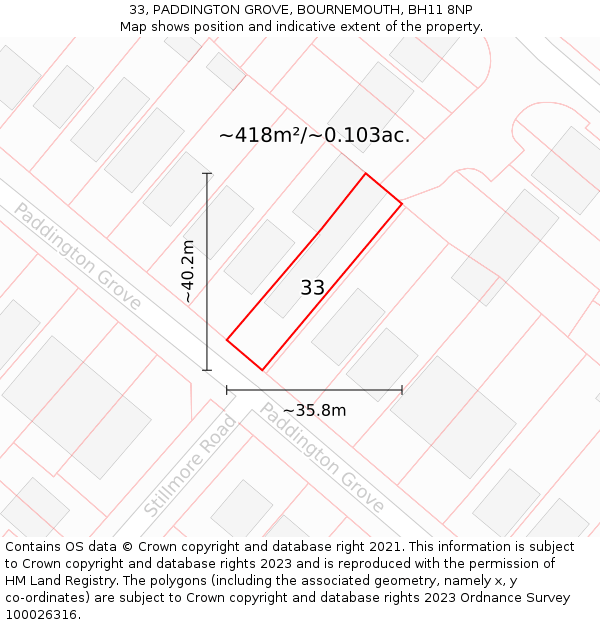 33, PADDINGTON GROVE, BOURNEMOUTH, BH11 8NP: Plot and title map