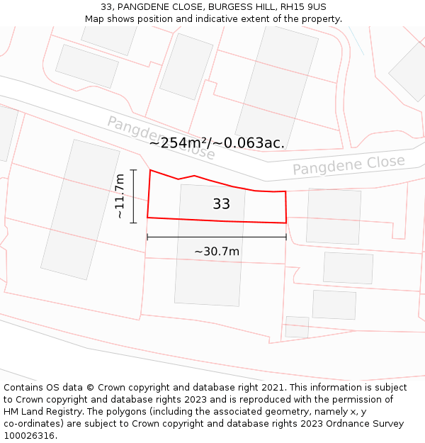 33, PANGDENE CLOSE, BURGESS HILL, RH15 9US: Plot and title map