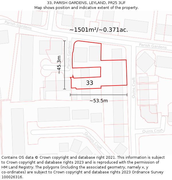 33, PARISH GARDENS, LEYLAND, PR25 3UF: Plot and title map