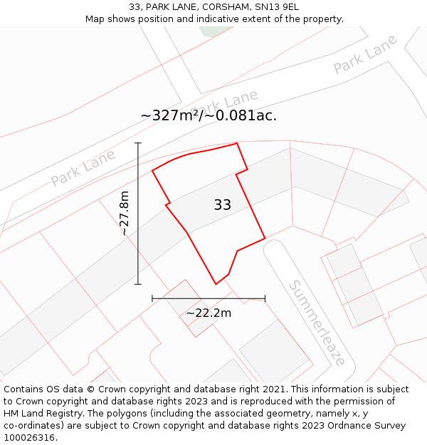 33, PARK LANE, CORSHAM, SN13 9EL: Plot and title map