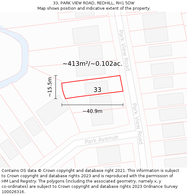 33, PARK VIEW ROAD, REDHILL, RH1 5DW: Plot and title map
