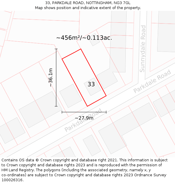 33, PARKDALE ROAD, NOTTINGHAM, NG3 7GL: Plot and title map