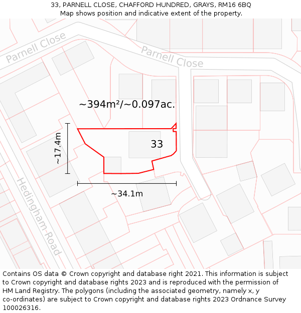 33, PARNELL CLOSE, CHAFFORD HUNDRED, GRAYS, RM16 6BQ: Plot and title map