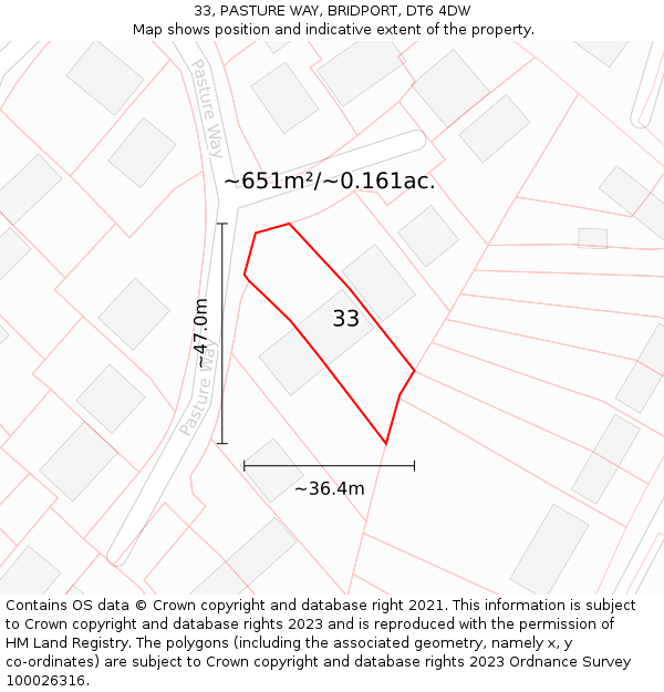 33, PASTURE WAY, BRIDPORT, DT6 4DW: Plot and title map