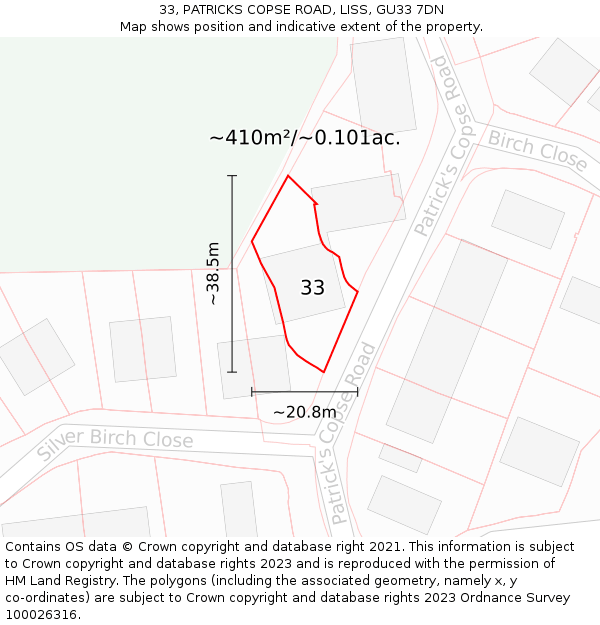 33, PATRICKS COPSE ROAD, LISS, GU33 7DN: Plot and title map