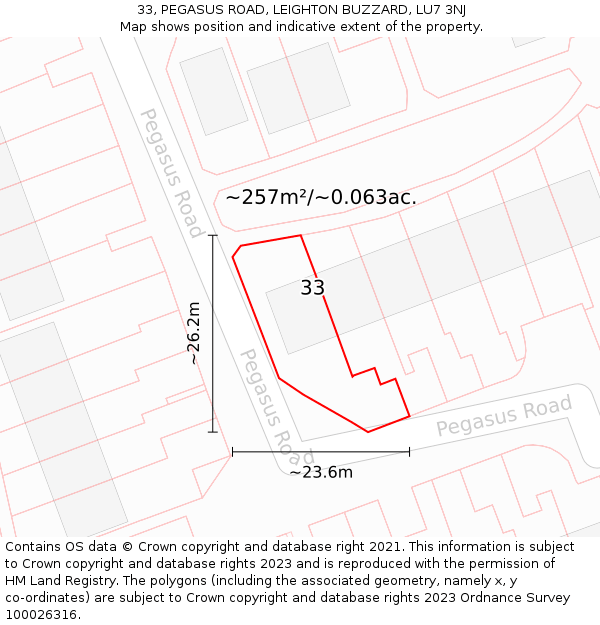 33, PEGASUS ROAD, LEIGHTON BUZZARD, LU7 3NJ: Plot and title map