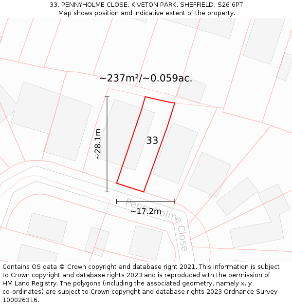 33, PENNYHOLME CLOSE, KIVETON PARK, SHEFFIELD, S26 6PT: Plot and title map