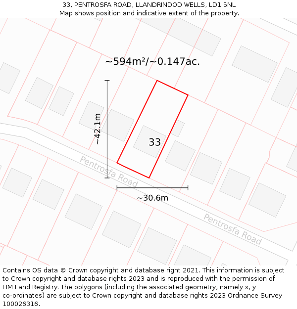 33, PENTROSFA ROAD, LLANDRINDOD WELLS, LD1 5NL: Plot and title map