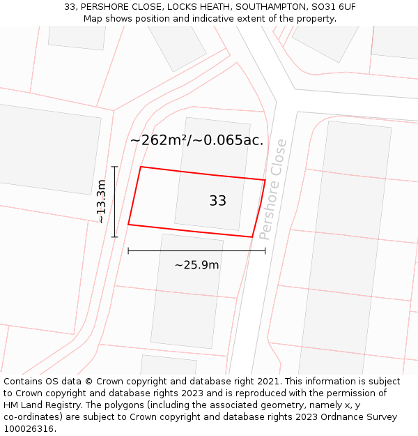 33, PERSHORE CLOSE, LOCKS HEATH, SOUTHAMPTON, SO31 6UF: Plot and title map