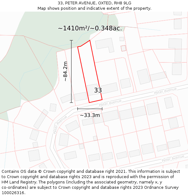 33, PETER AVENUE, OXTED, RH8 9LG: Plot and title map