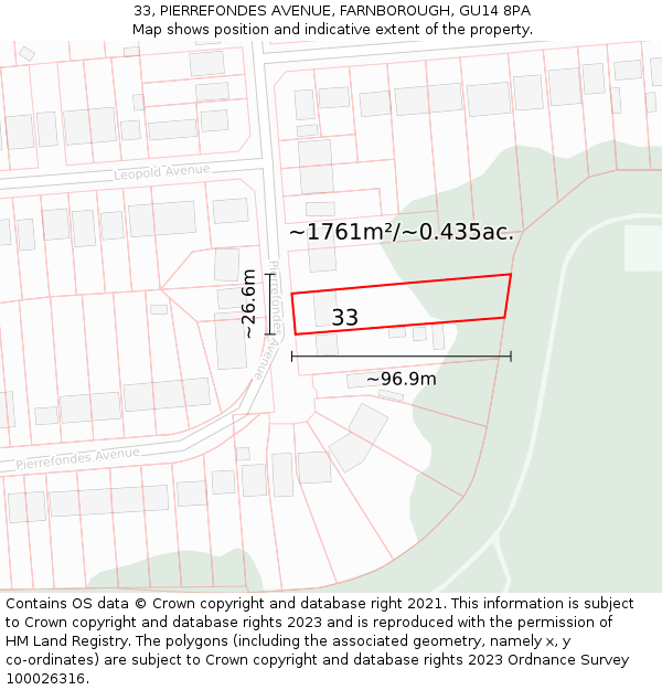 33, PIERREFONDES AVENUE, FARNBOROUGH, GU14 8PA: Plot and title map