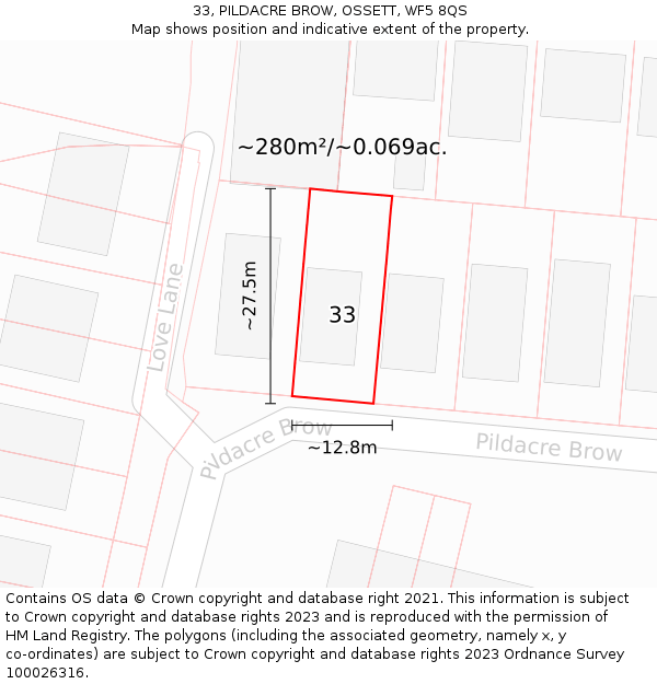 33, PILDACRE BROW, OSSETT, WF5 8QS: Plot and title map