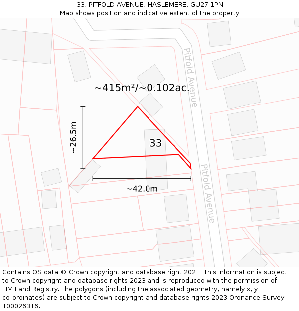 33, PITFOLD AVENUE, HASLEMERE, GU27 1PN: Plot and title map