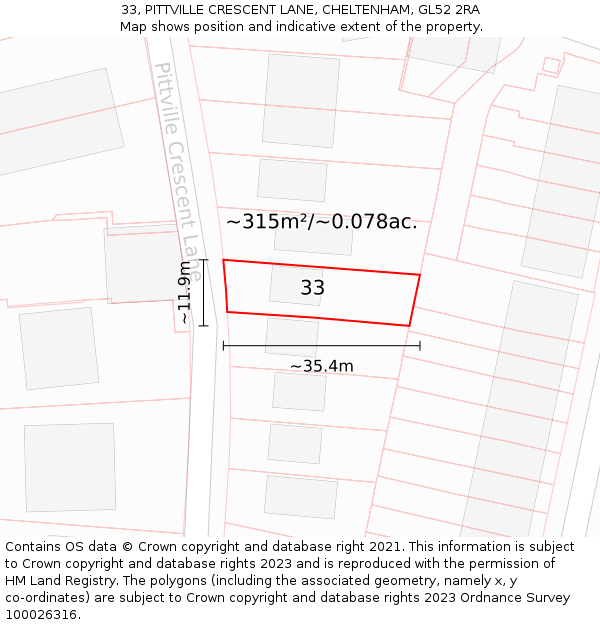 33, PITTVILLE CRESCENT LANE, CHELTENHAM, GL52 2RA: Plot and title map